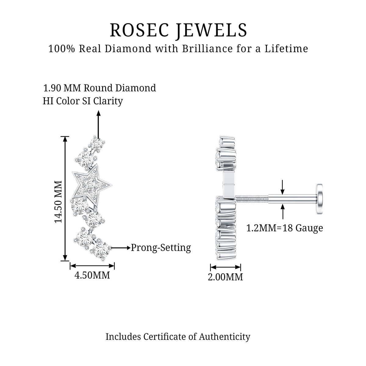 Unique Diamond Star Crawler Helix Earring