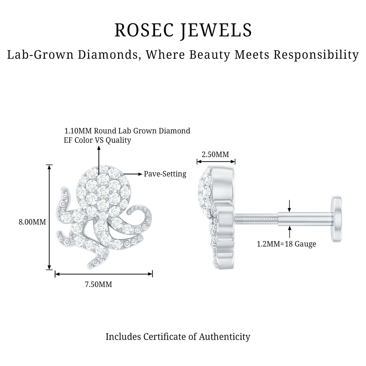 Diamond Octopus Earring with Flat Back