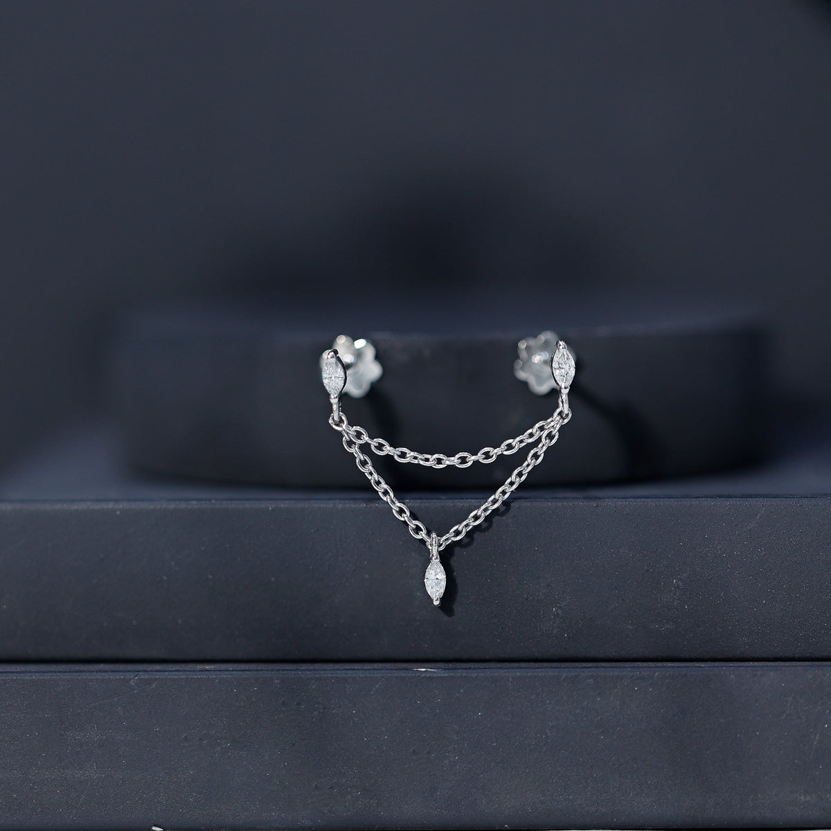 Marquise Diamond Double Piercing Earring with Dangling Chain