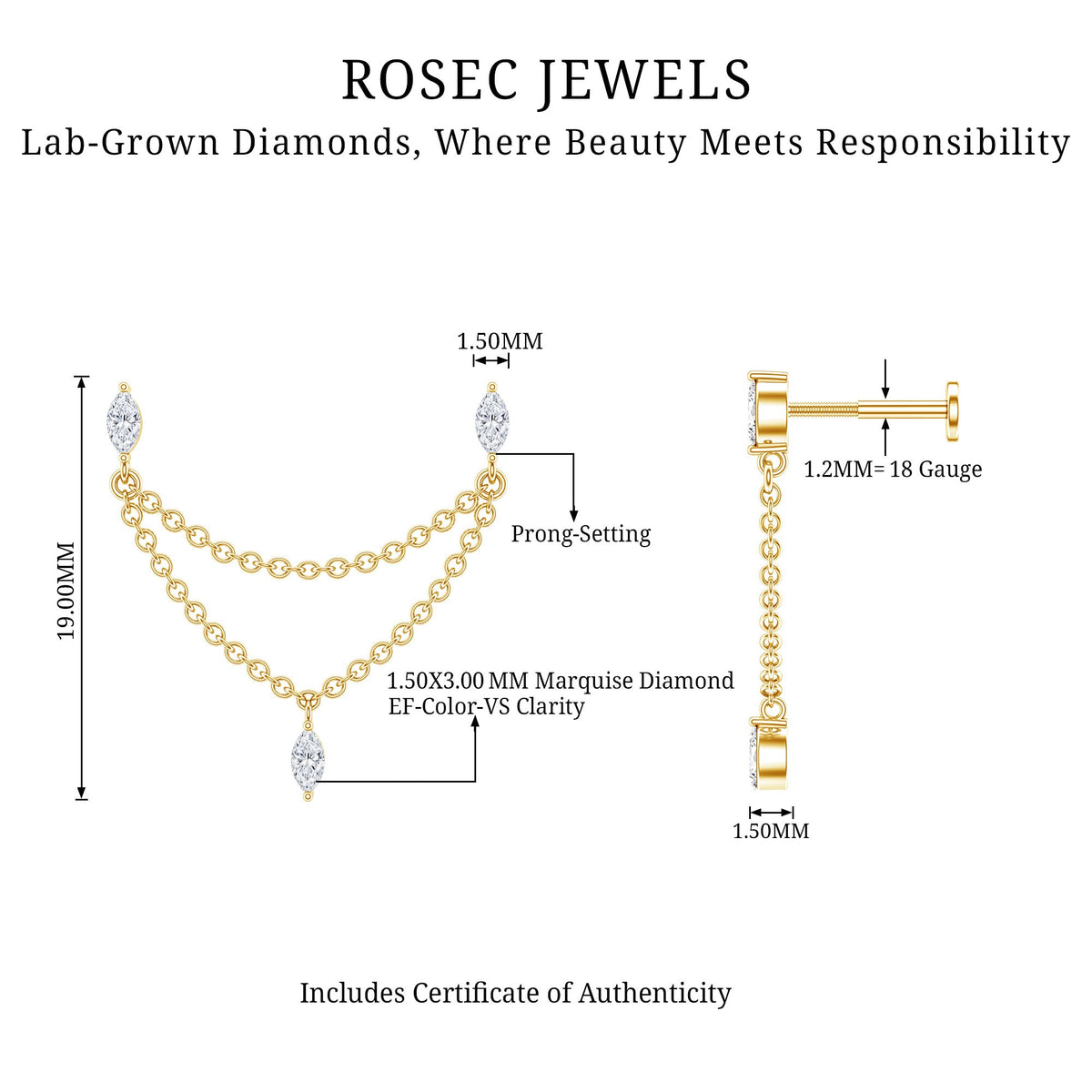 Marquise Diamond Double Piercing Earring with Dangling Chain