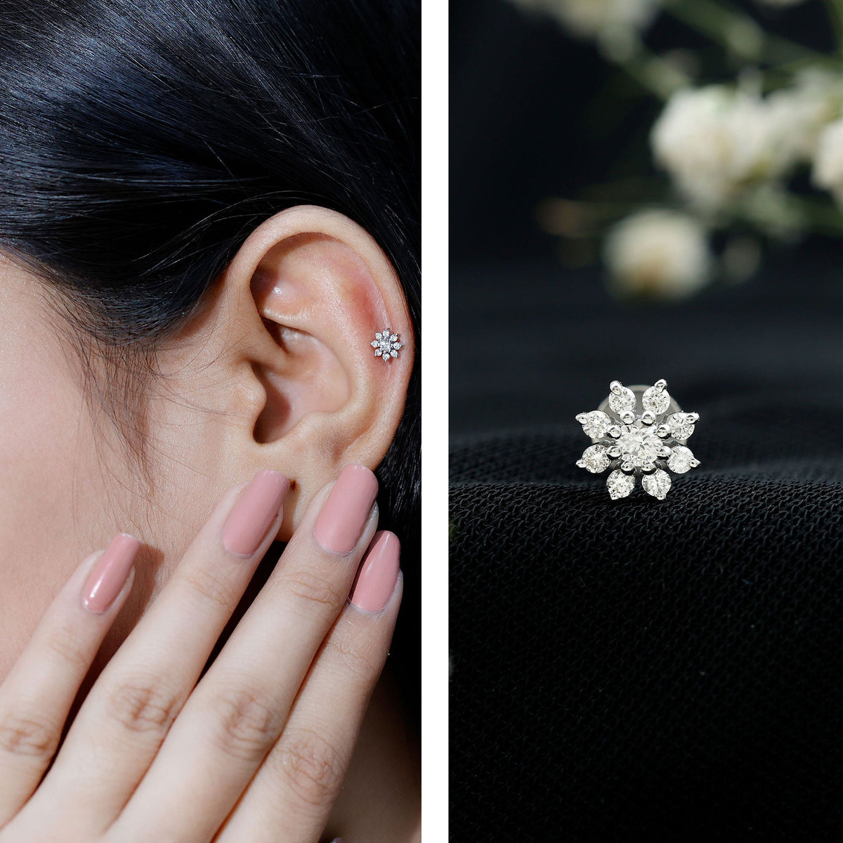 Sparkling Diamond Flower Cartilage Earring with Flat Back
