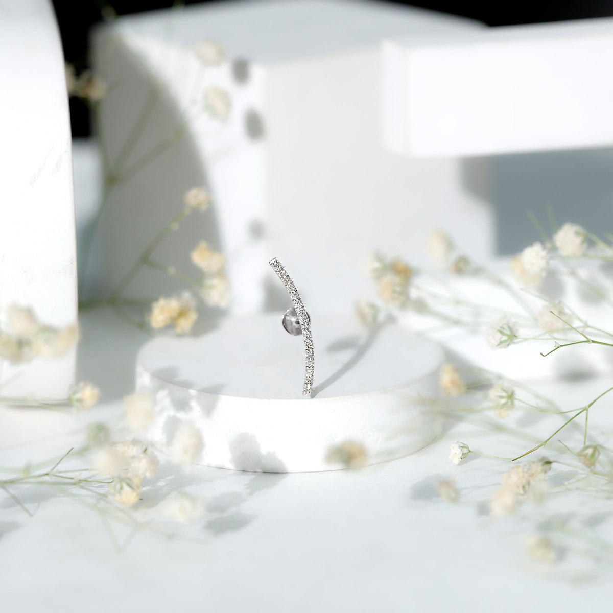 Pave Set Diamond Curved Bar Earring for Cartilage Piercing