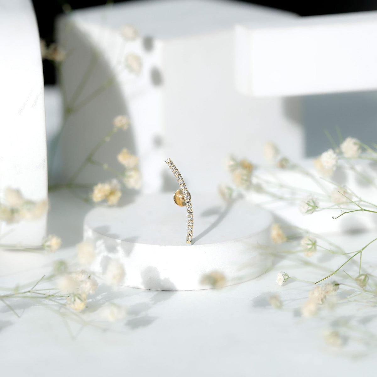 Pave Set Diamond Curved Bar Earring for Cartilage Piercing