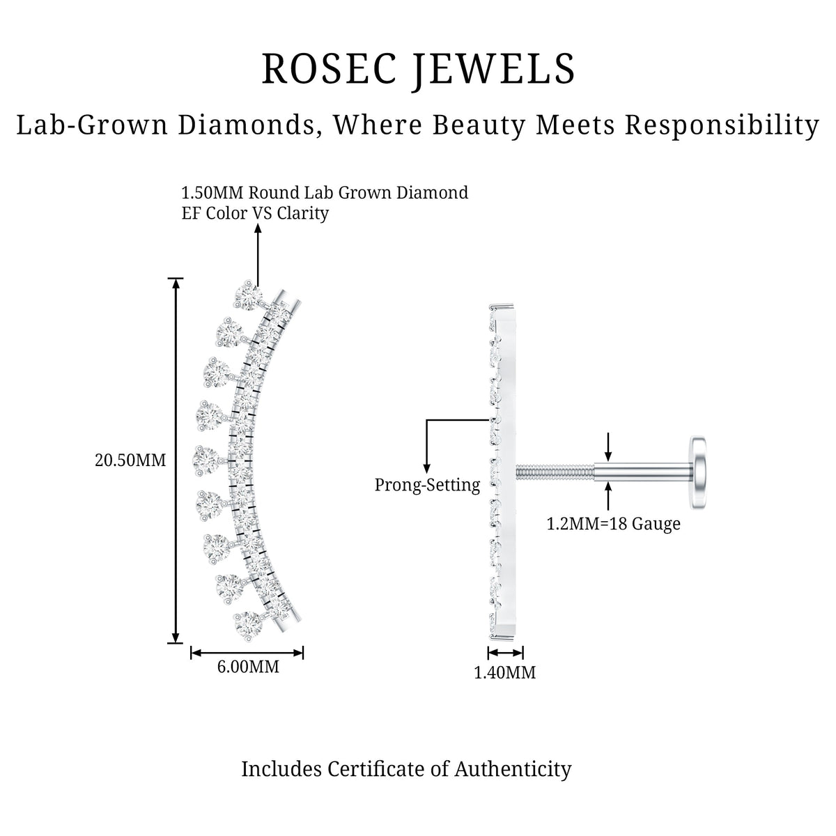 Minimal Diamond Crawler Earring for Cartilage Piercing
