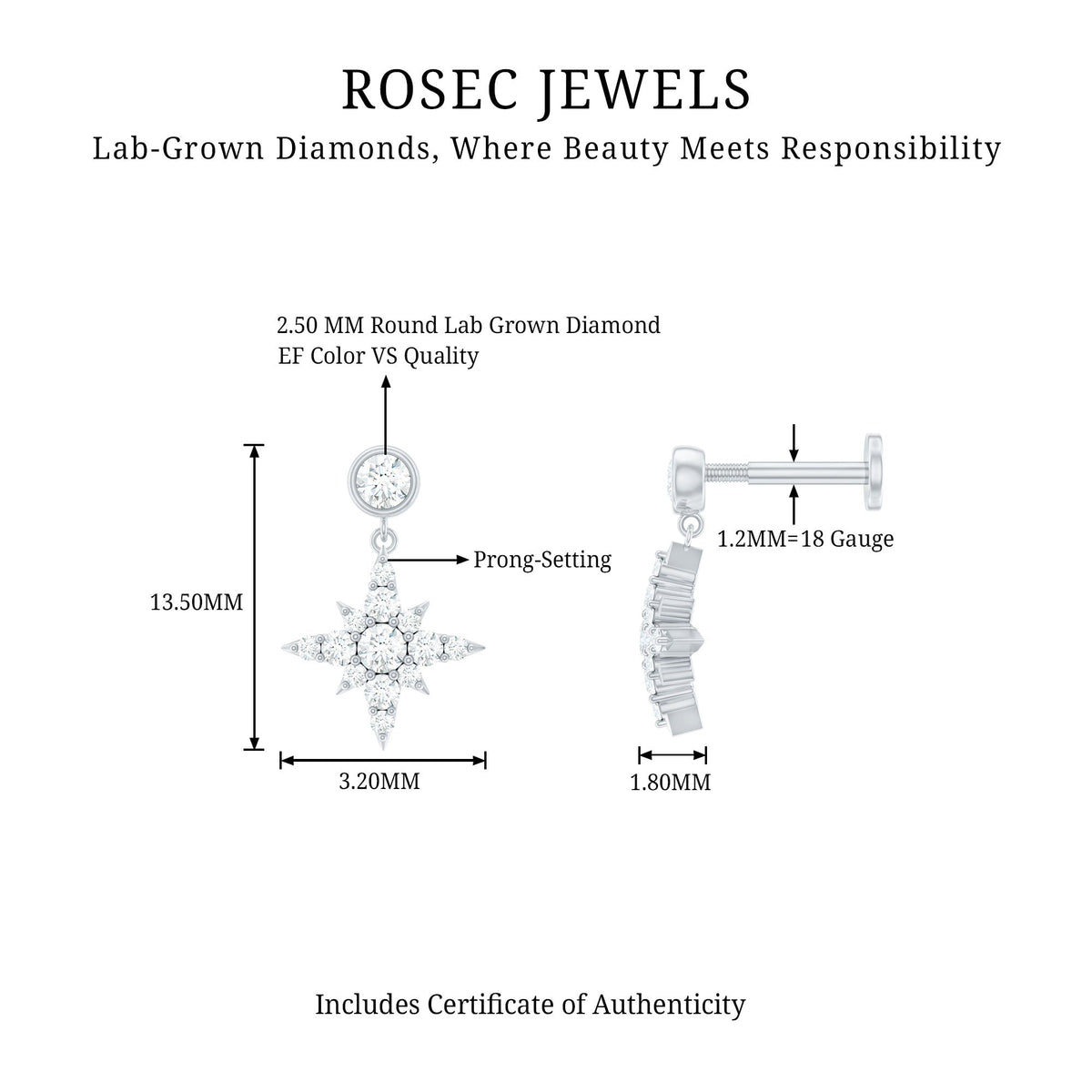 Certified Diamond Starburst Drop Earring for Helix Piercing