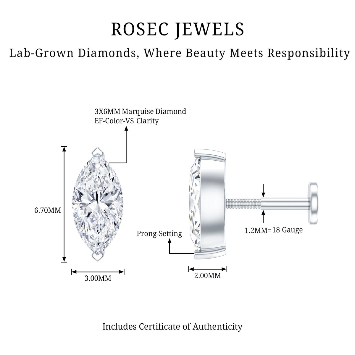 Marquise Diamond Solitaire Earring for Helix Piercing