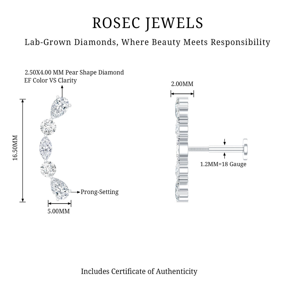 Simple Diamond Curved Crawler Earring for Helix Piercing
