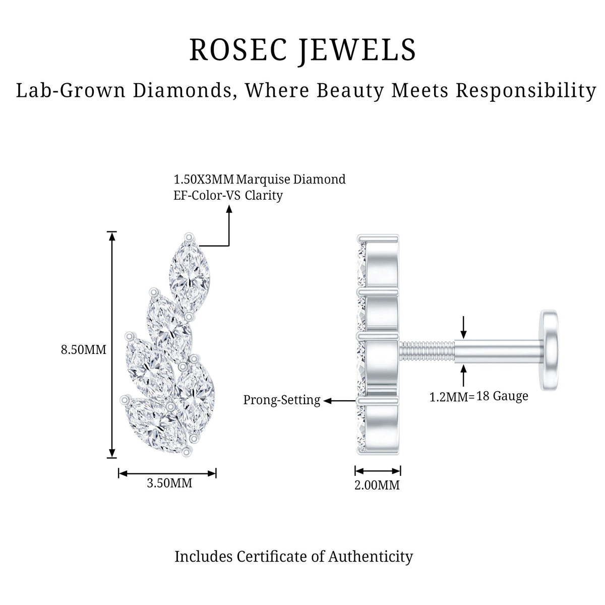 Marquise Diamond Leaf Cluster Earring for Helix Piercing
