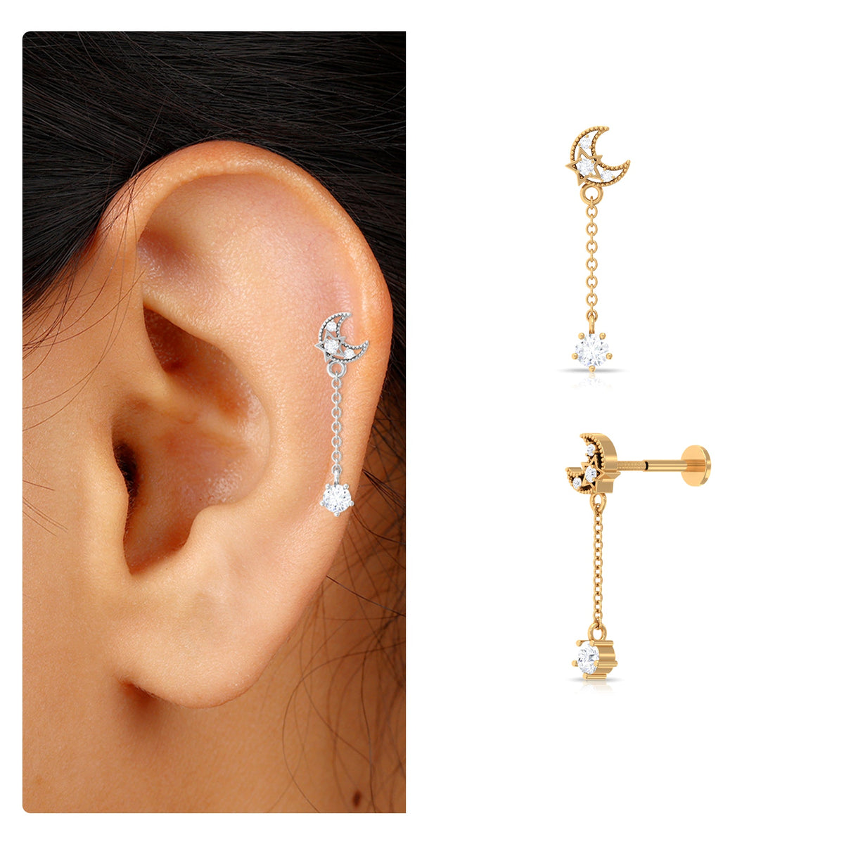 Diamond Moon Chain Earring for Helix Piercing