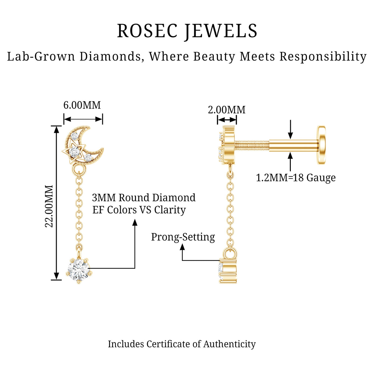 Diamond Moon Chain Earring for Helix Piercing