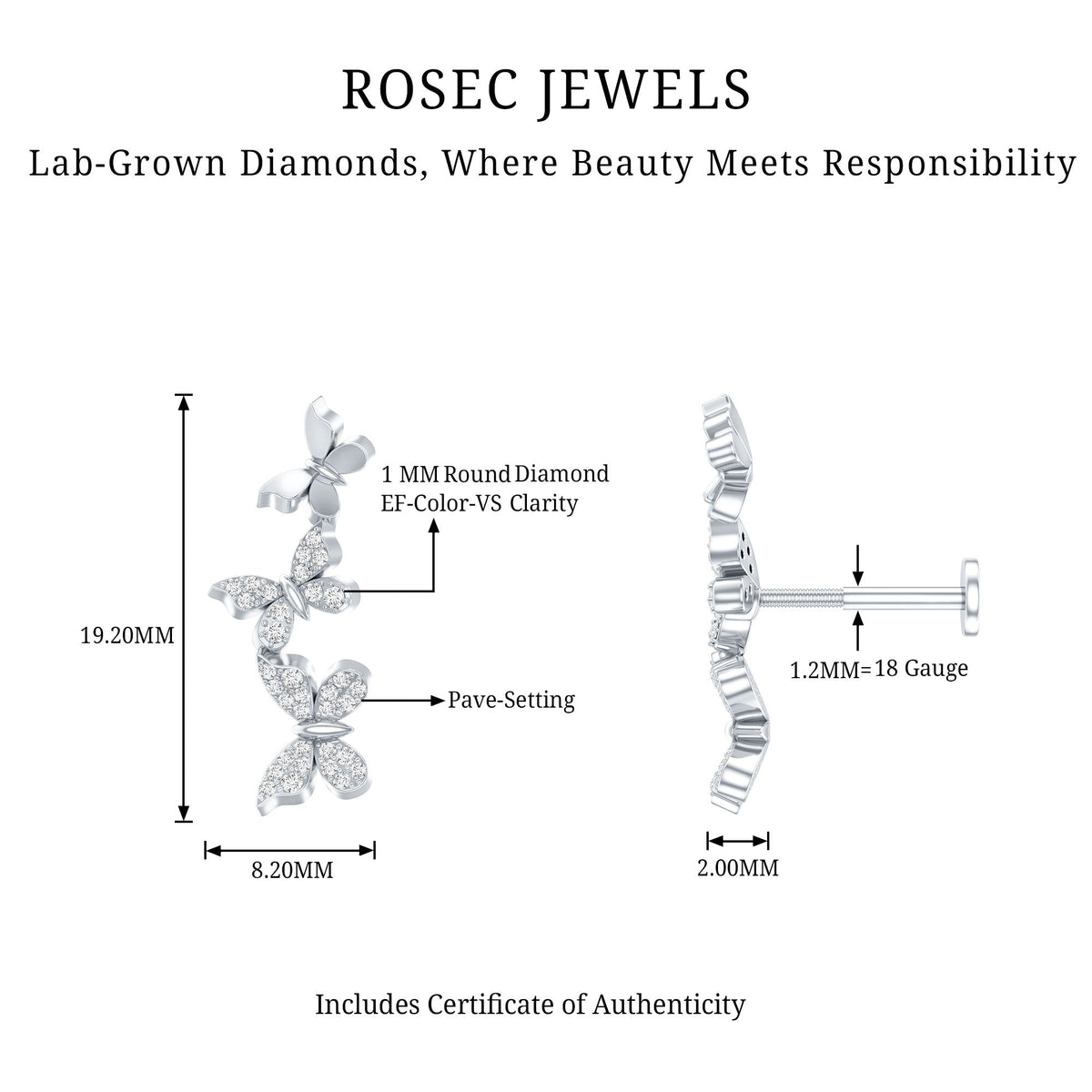 Diamond Butterfly Crawler Earring for Helix Piercing