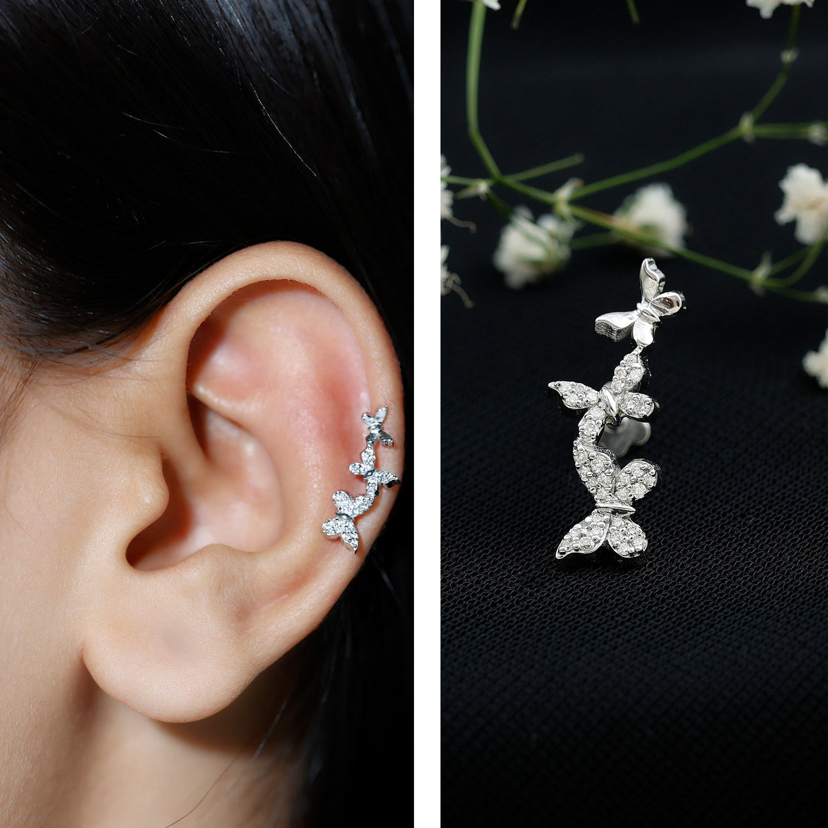 Diamond Butterfly Crawler Earring for Helix Piercing