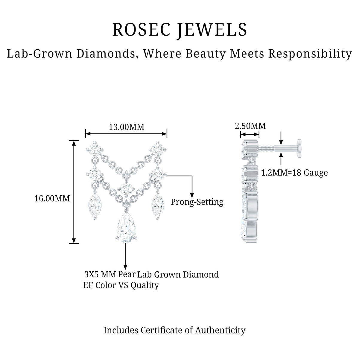 Brilliant Cut Diamond Double Chain Drop Earring for Cartilage Piercing