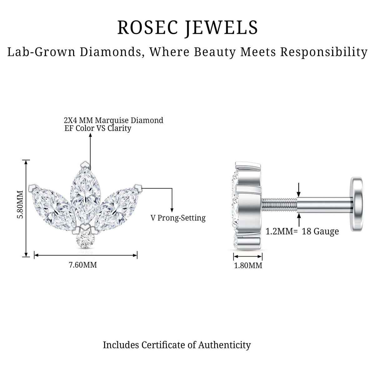 Marquise Cut Diamond Lotus Flower Earring for Cartilage Piercing