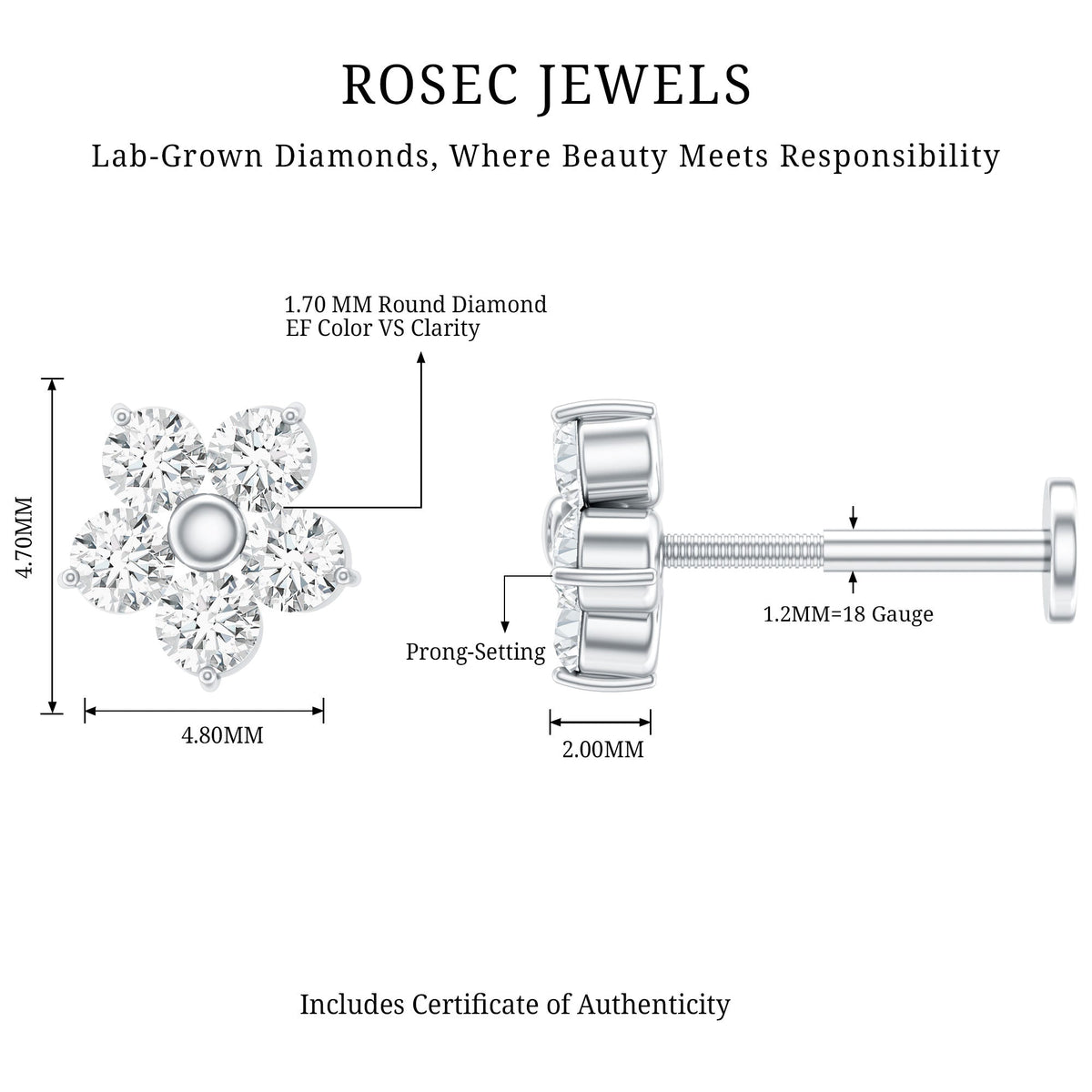 Minimalist Diamond Flower Tragus Earring with Flat Back