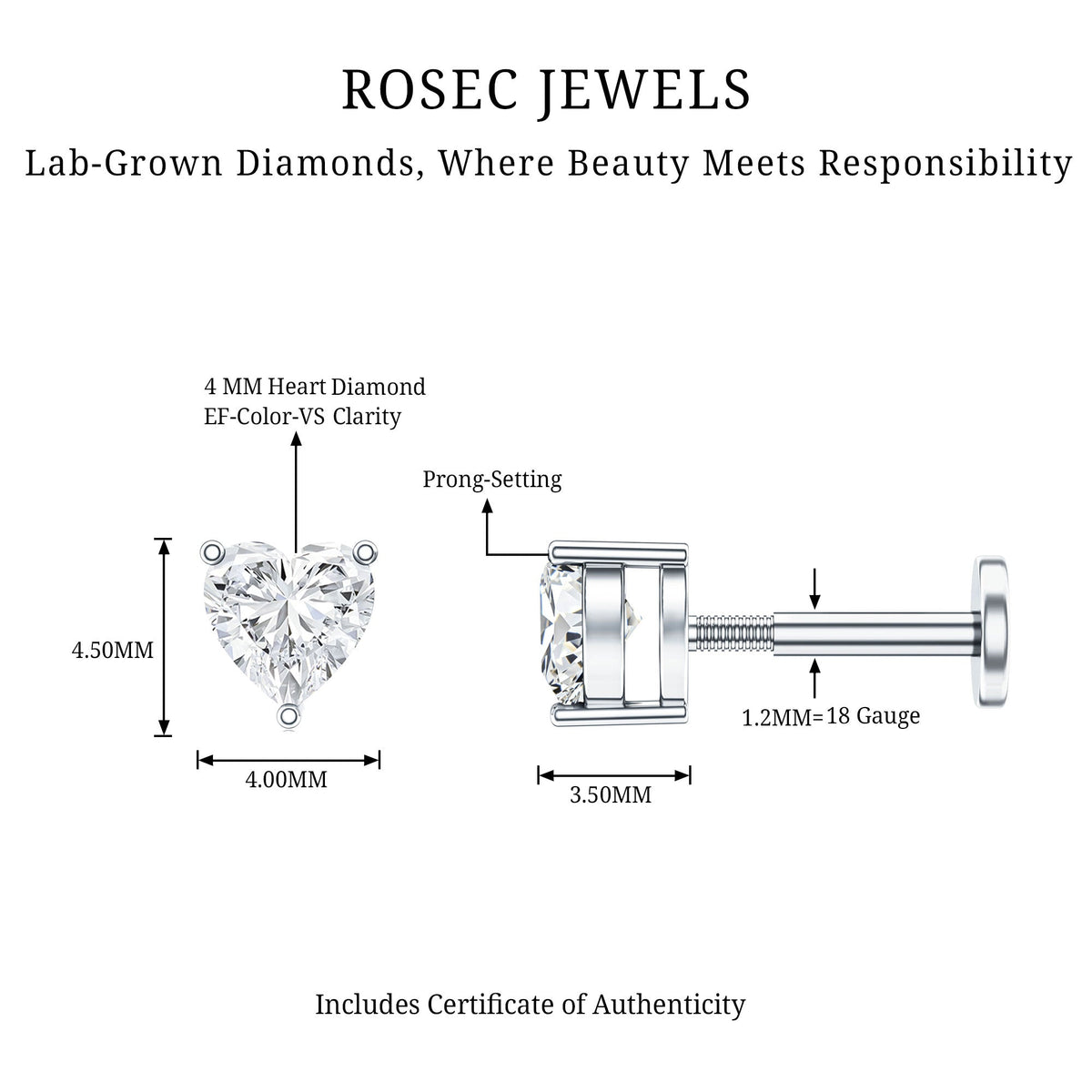 Solitaire Diamond Heart Earring with Flat Back
