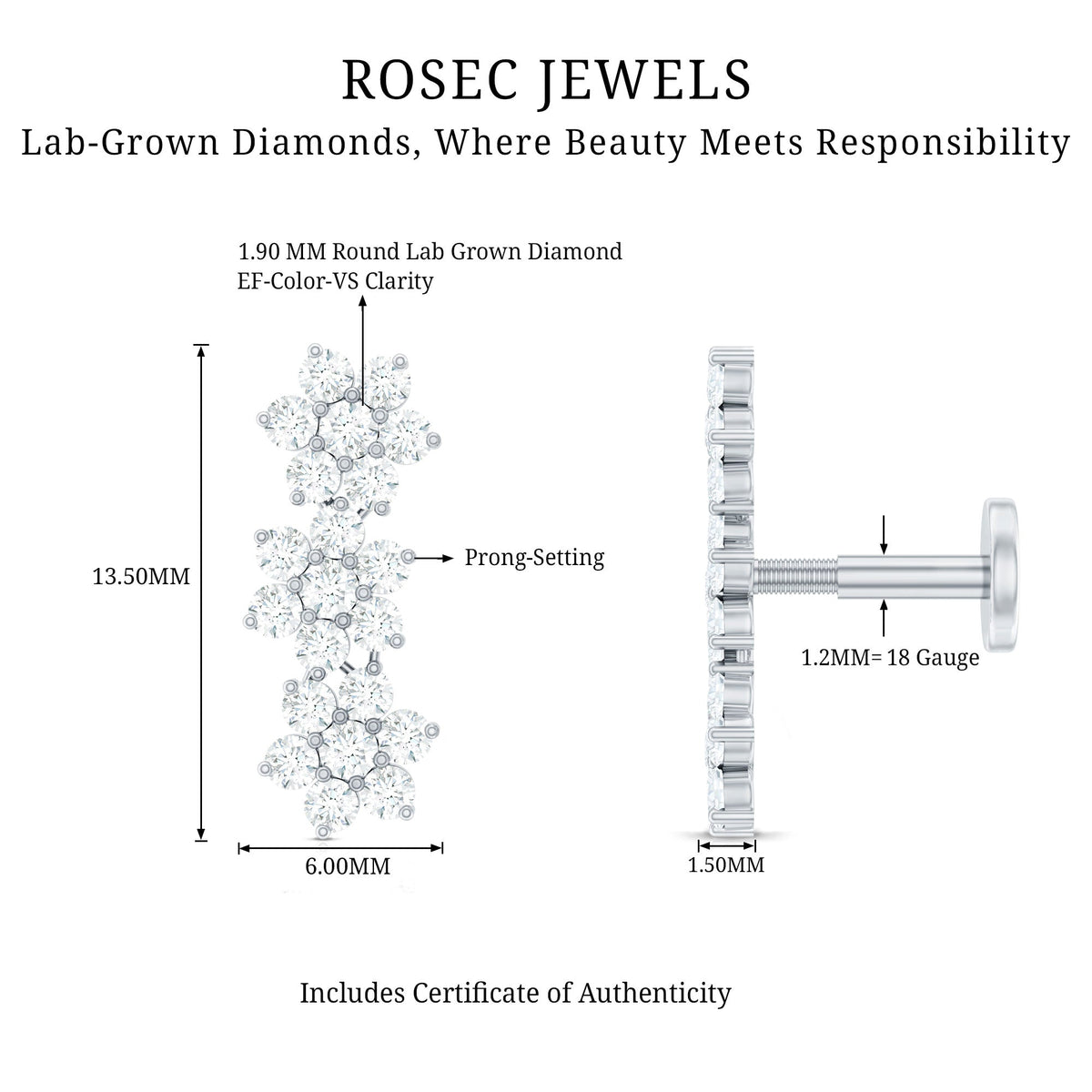 Diamond Three Flower Crawler Earring for Helix Piercing