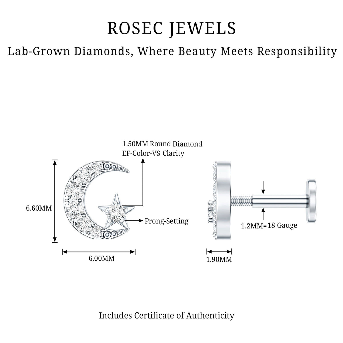 Certified Diamond Crescent Moon Helix Earring with Star