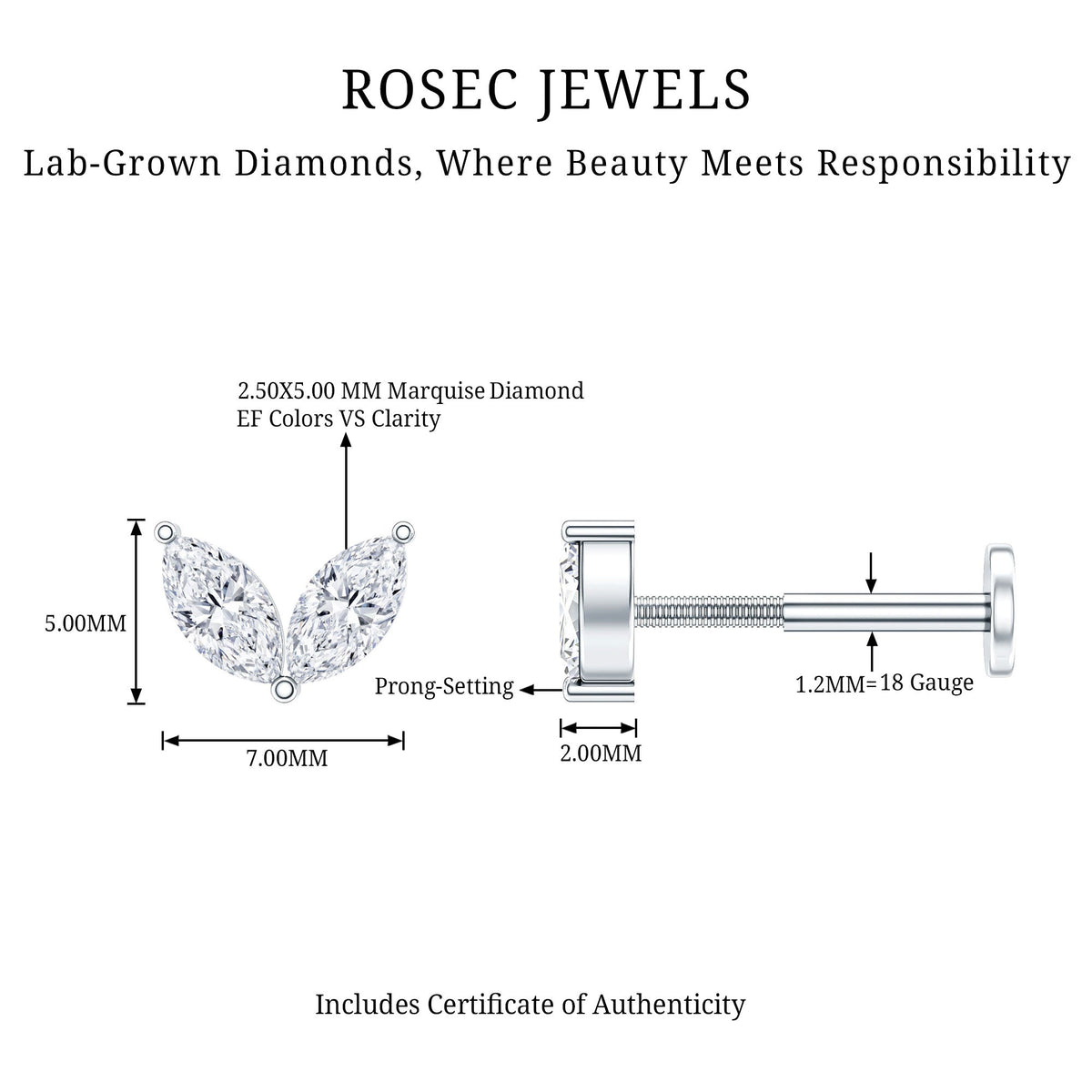 Marquise Diamond Two Stone Earring for Tragus Piercing