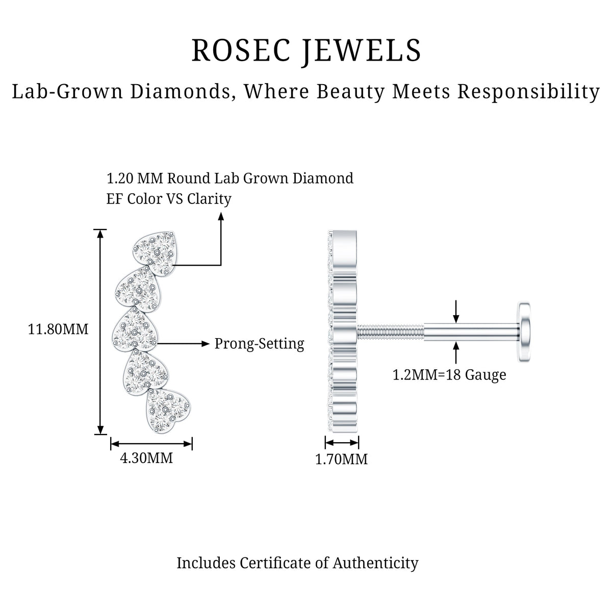 Diamond Heart Crawler Earring for Helix Piercing