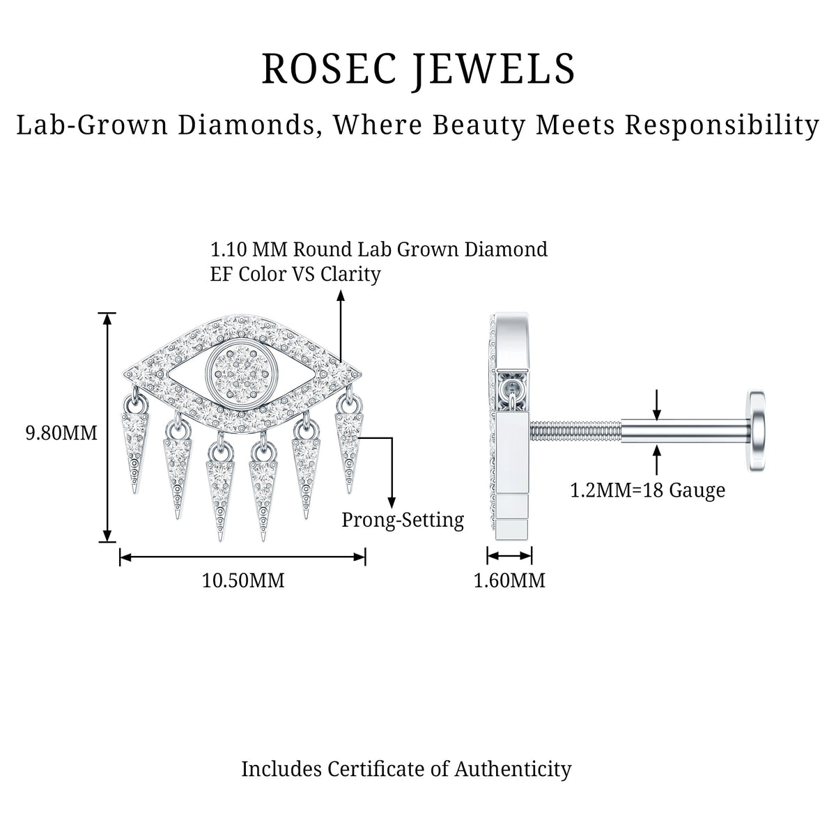 Diamond Evil Eye Earring for Upper Lobe Piercing