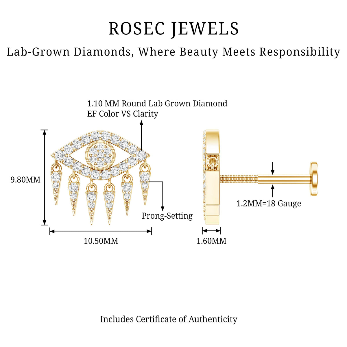 Diamond Evil Eye Earring for Upper Lobe Piercing