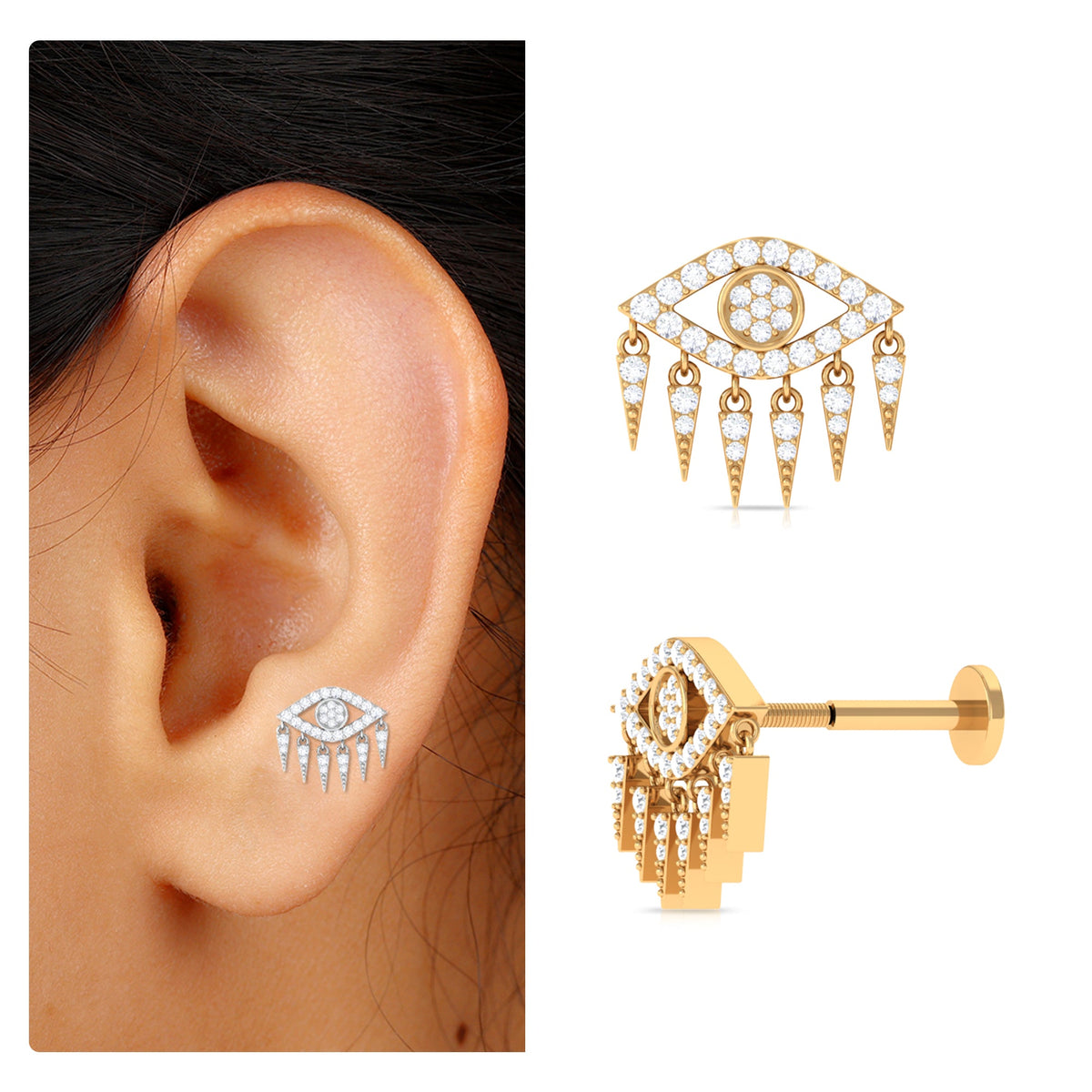 Diamond Evil Eye Earring for Upper Lobe Piercing