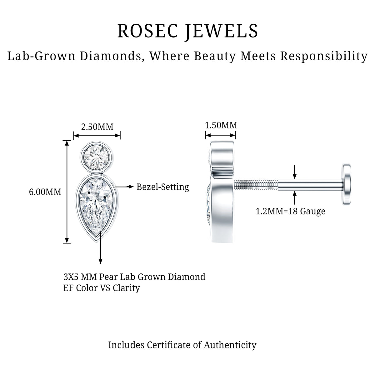 Minimal Pear Diamond Tragus Earring in Bezel Setting