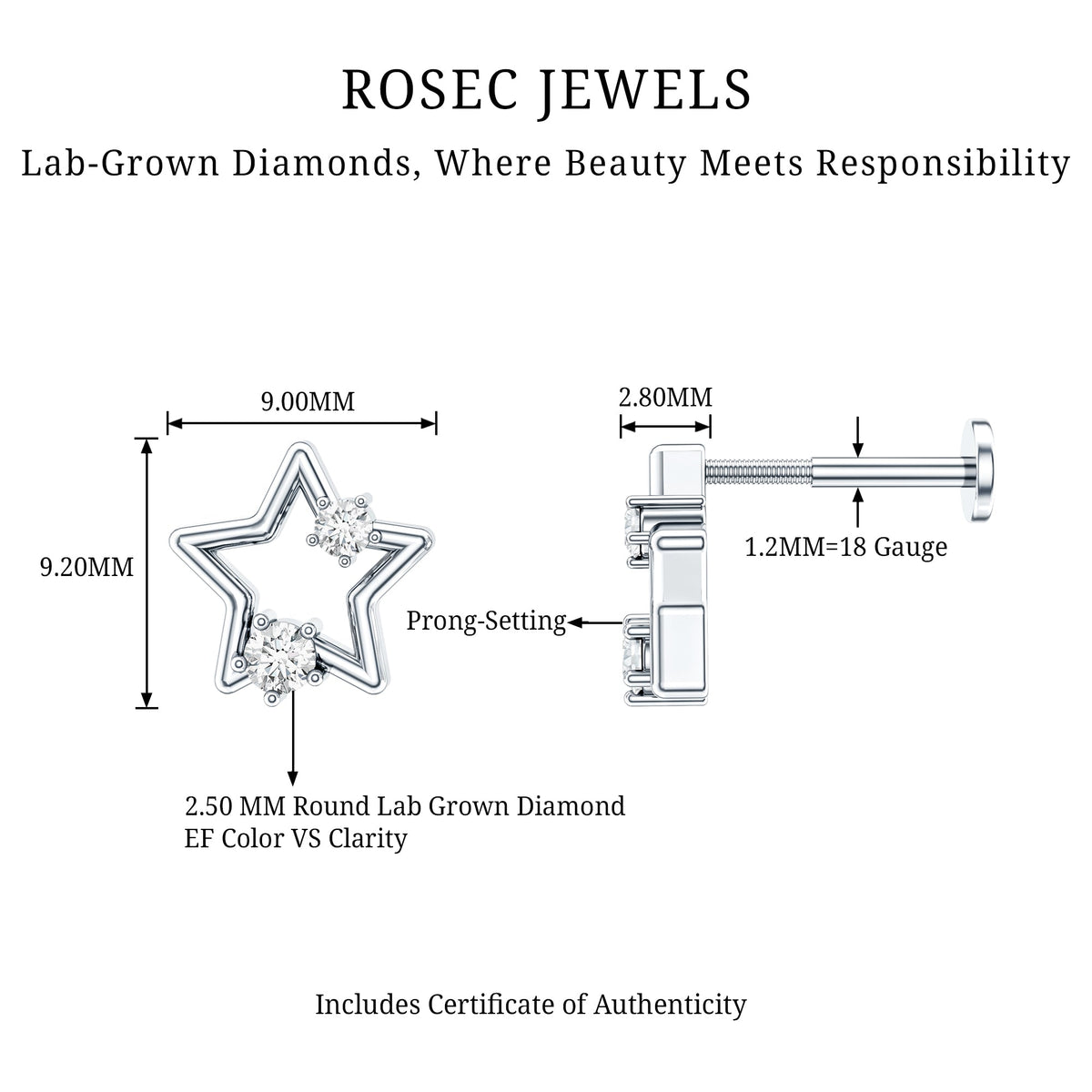 Certified Diamond Star Earring for Upper Lobe Piercing