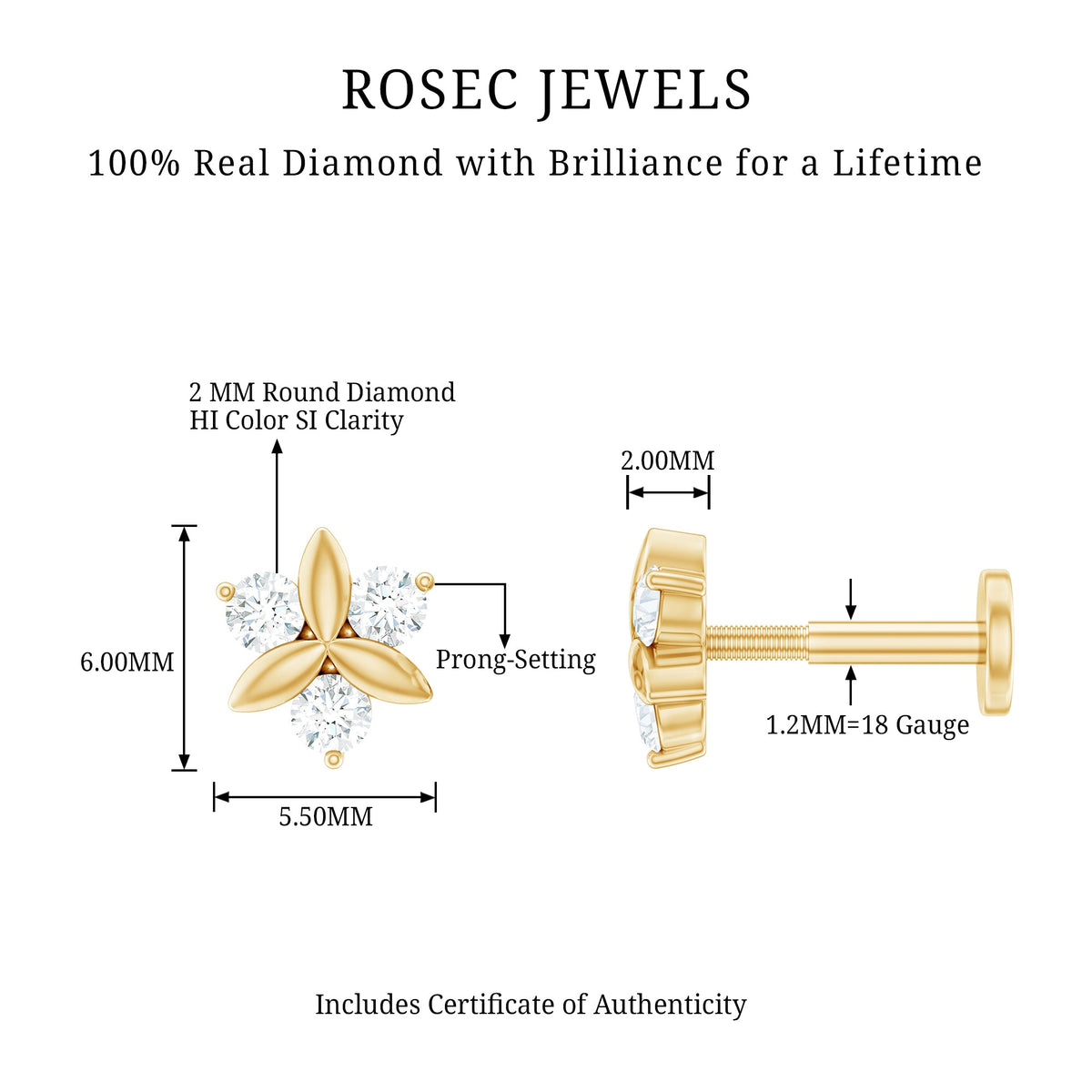 Brilliant Cut Diamond Floral Earring for Conch Piercing