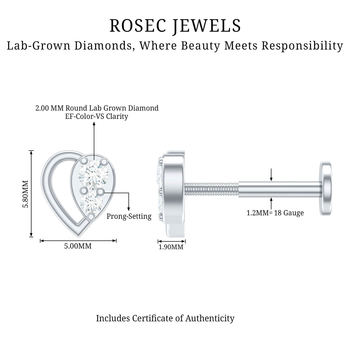 Diamond Heart Earring for Conch Piercing