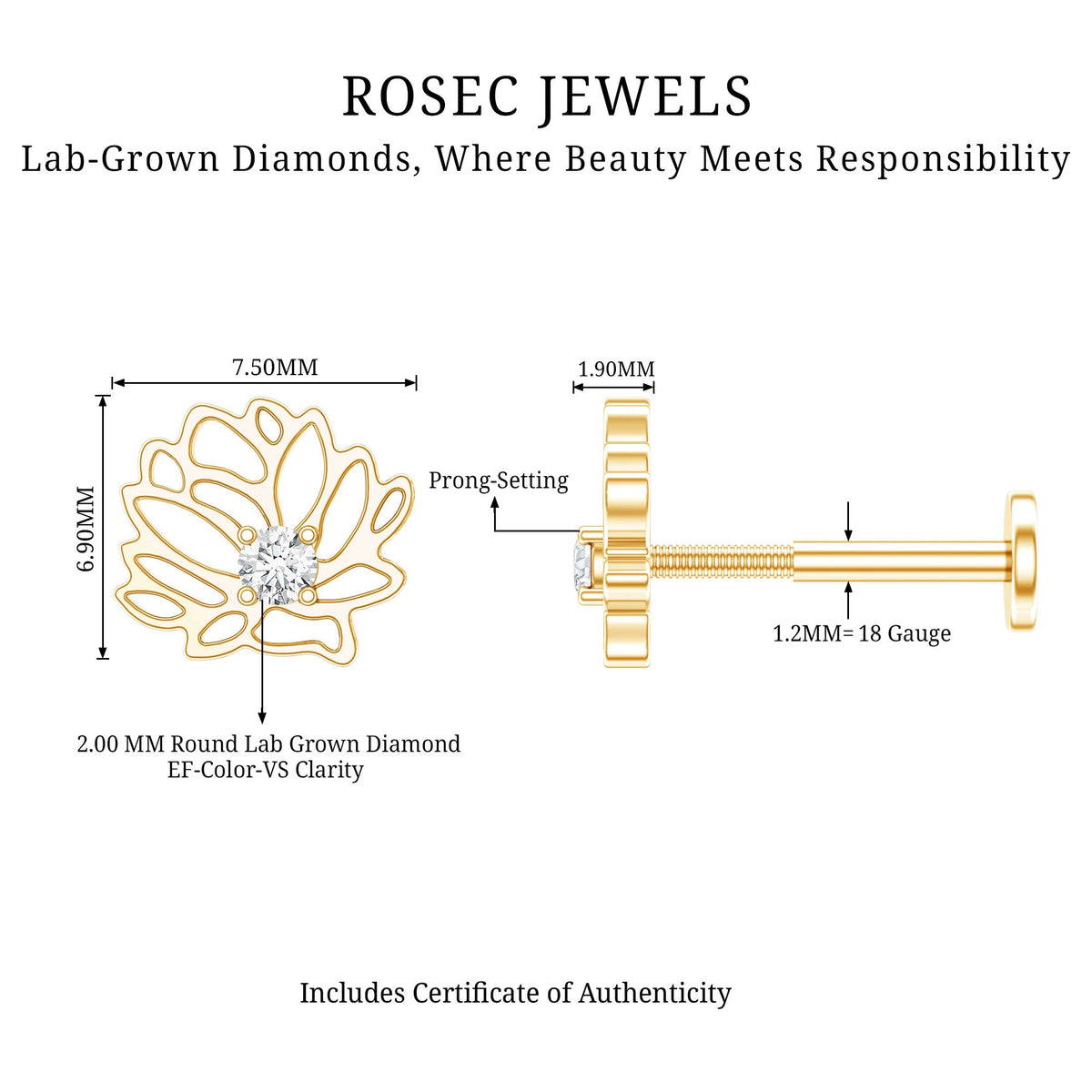 Diamond Lotus Flower Earring for Conch Piercing