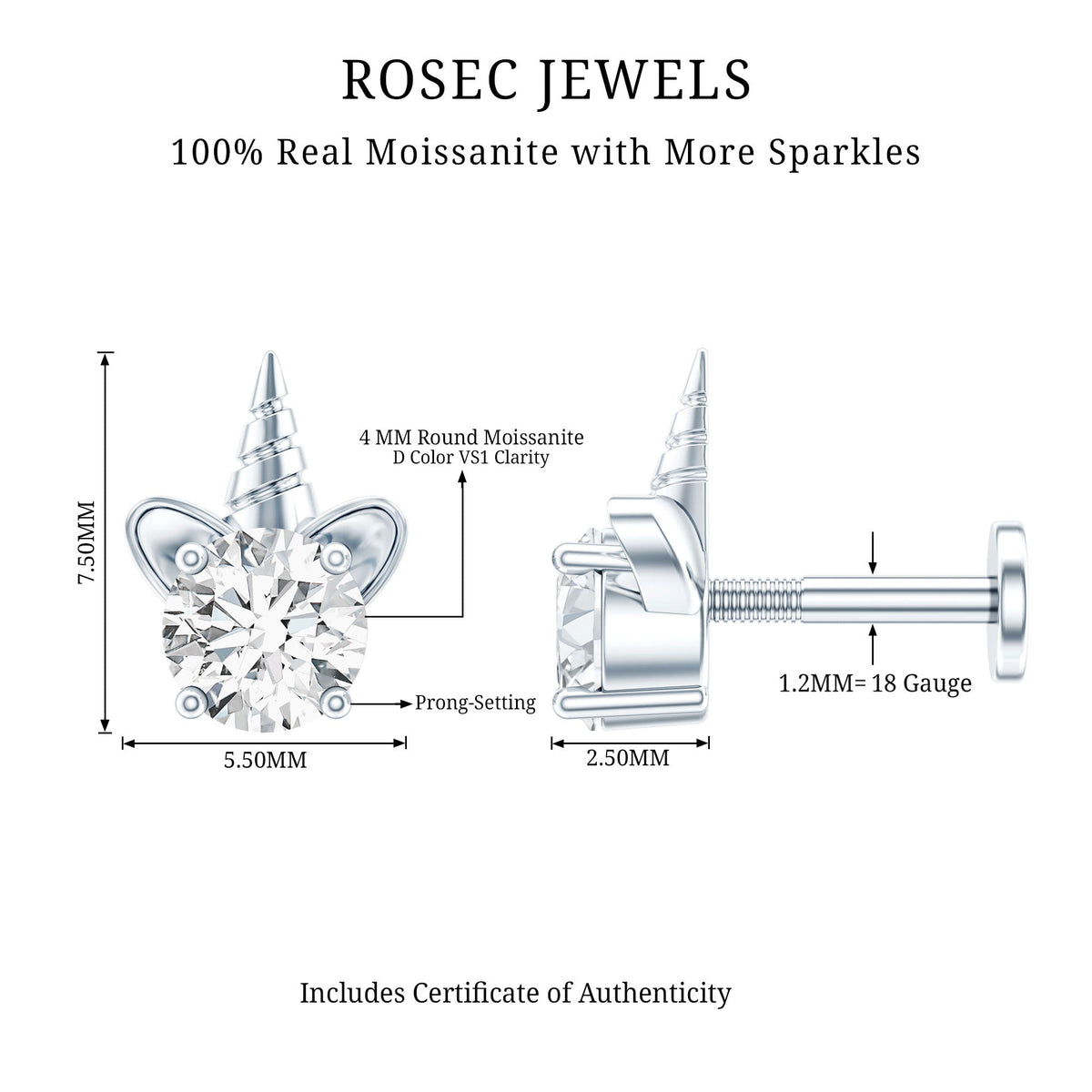Cute Moissanite Unicorn Helix Earring for Women