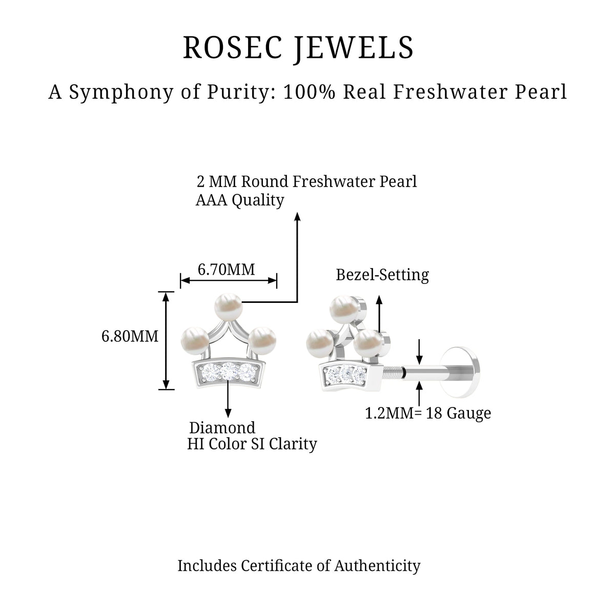Freshwater Pearl and Diamond Crown Cartilage Earring