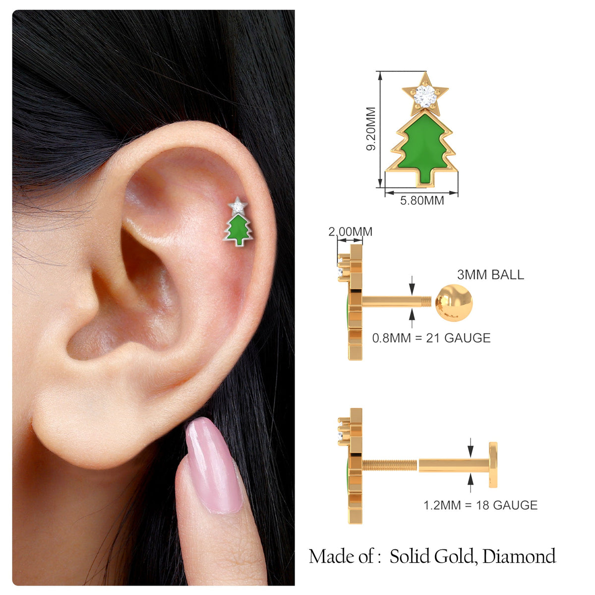 Real Diamond Green Enamel Christmas Tree Cartilage Earring