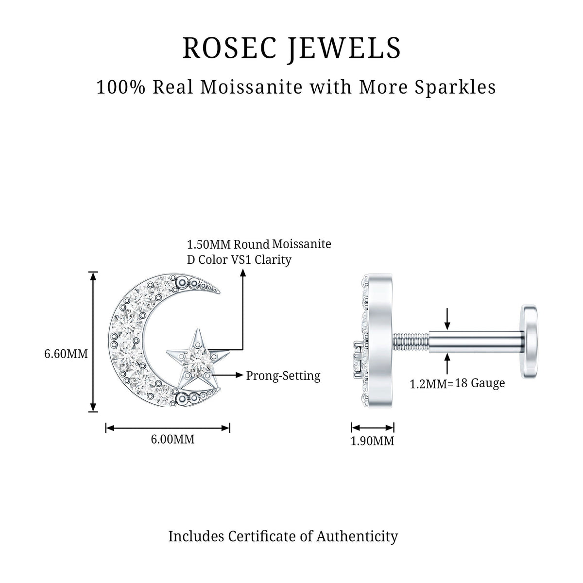 Moissanite Moon and Star Cartilage Earring