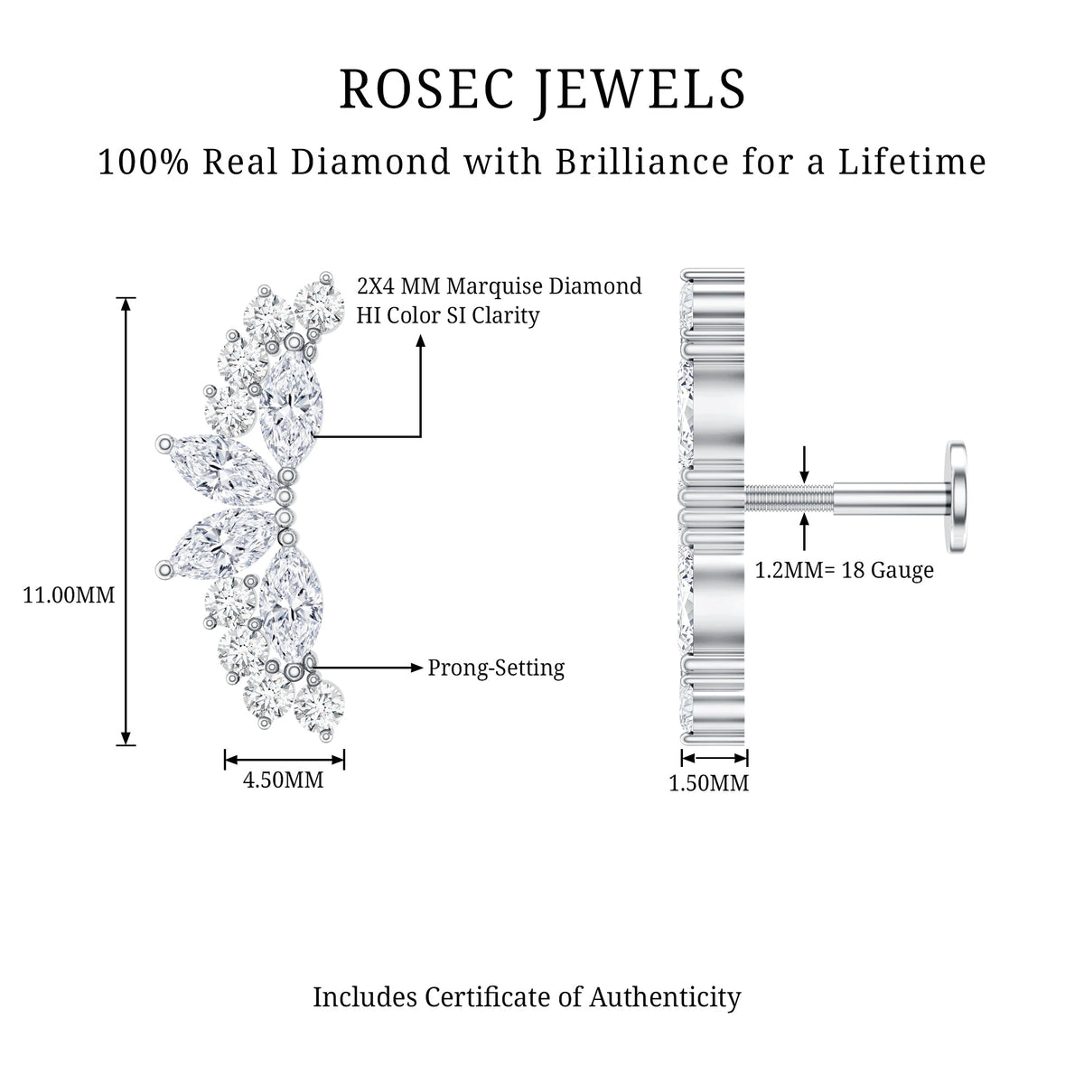 Unique Diamond Crawler Earring for Cartilage Piercing