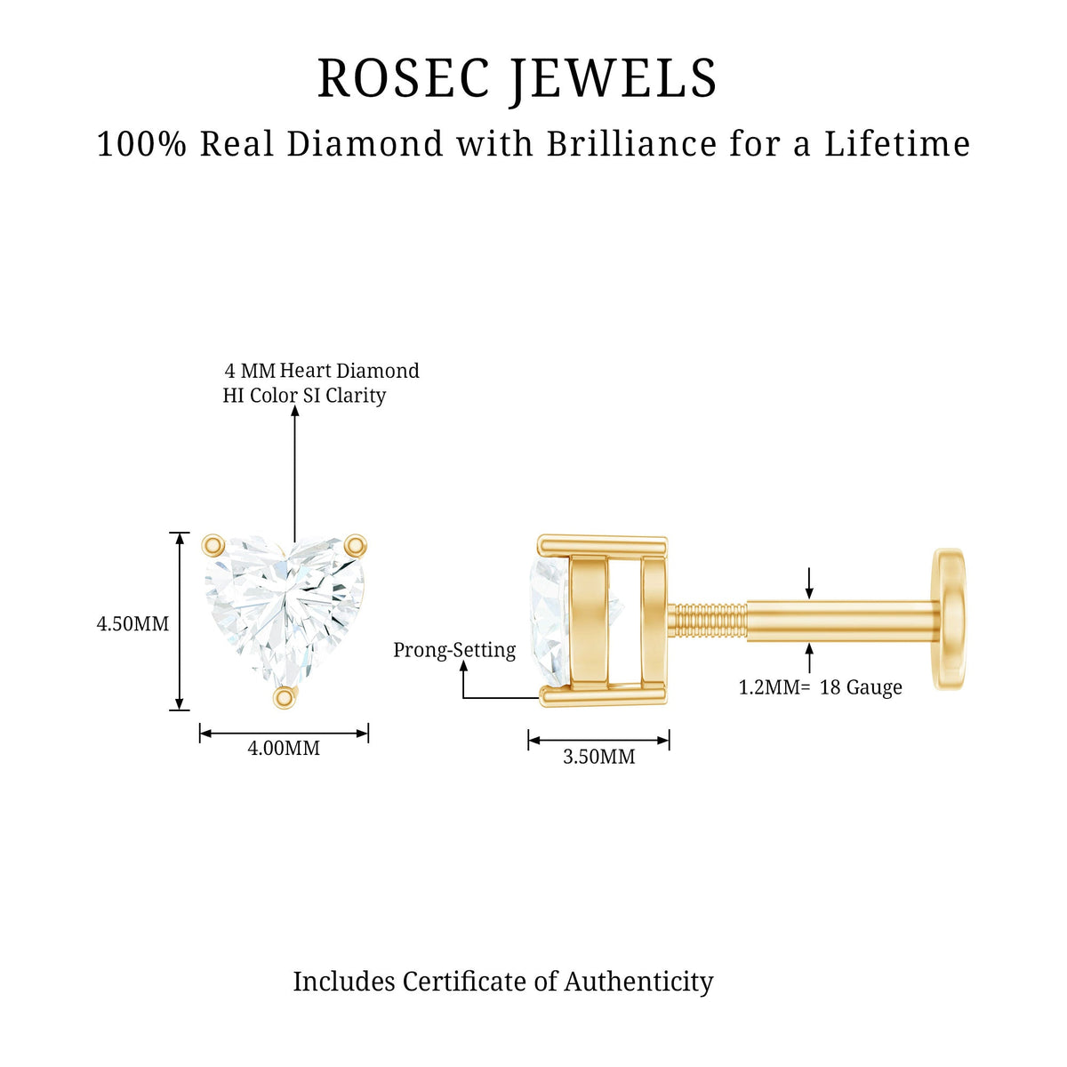 Solitaire Diamond Heart Earring with Flat Back