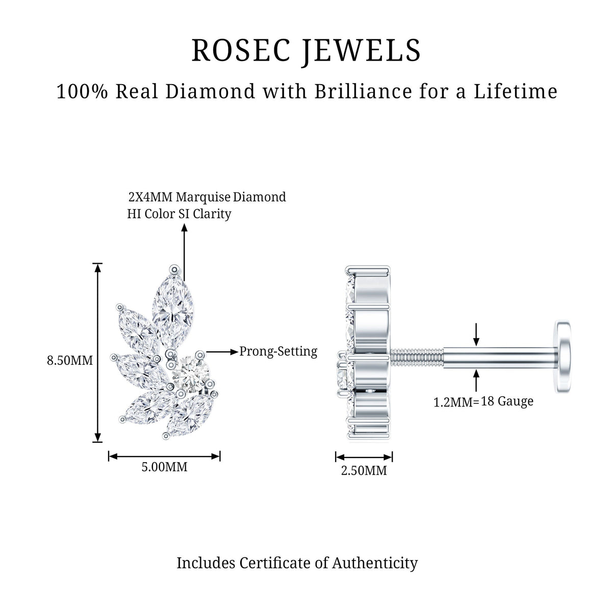 Marquise Diamond Leaf Cluster Earring for Cartilage Piercing
