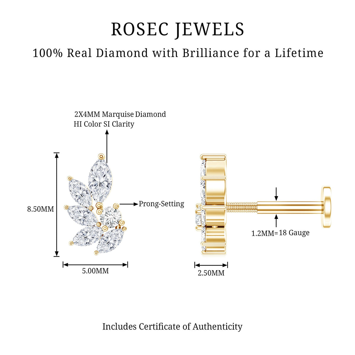 Marquise Diamond Leaf Cluster Earring for Cartilage Piercing