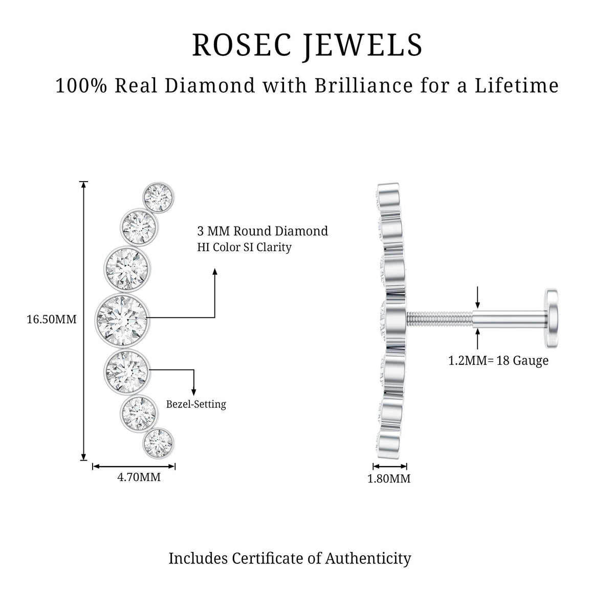 Graduated Diamond Crawler Helix Earring in Bezel Set