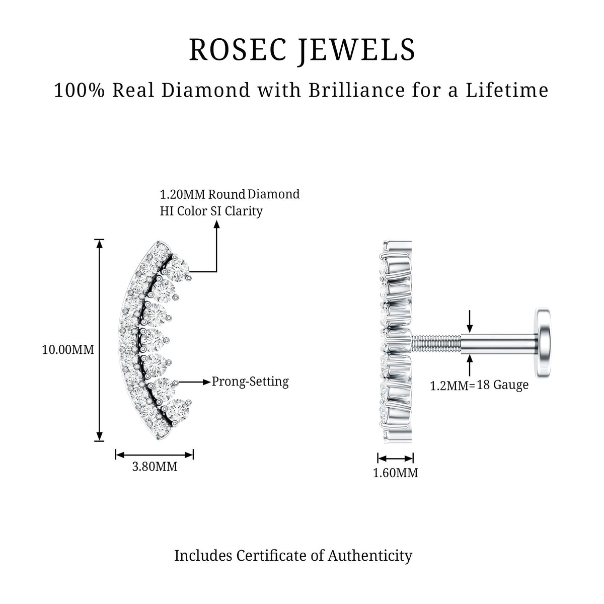 Certified Diamond Curved Cartilage Earring for Women