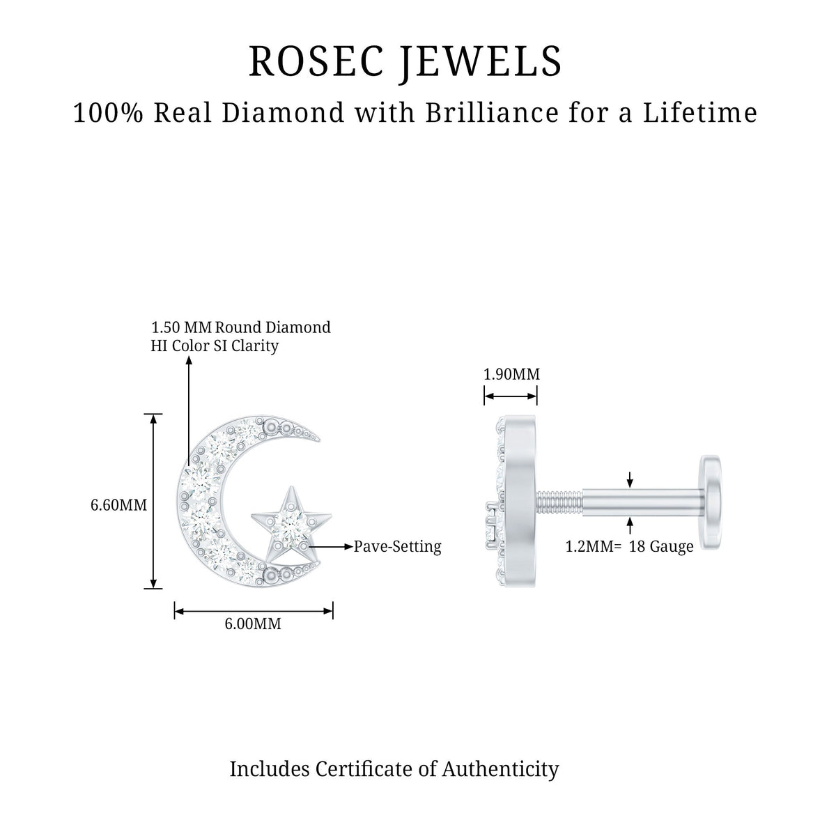 Certified Diamond Crescent Moon Helix Earring with Star