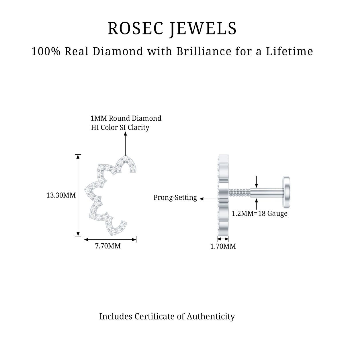 Certified Diamond Curved Floral Earring for Cartilage Piercing