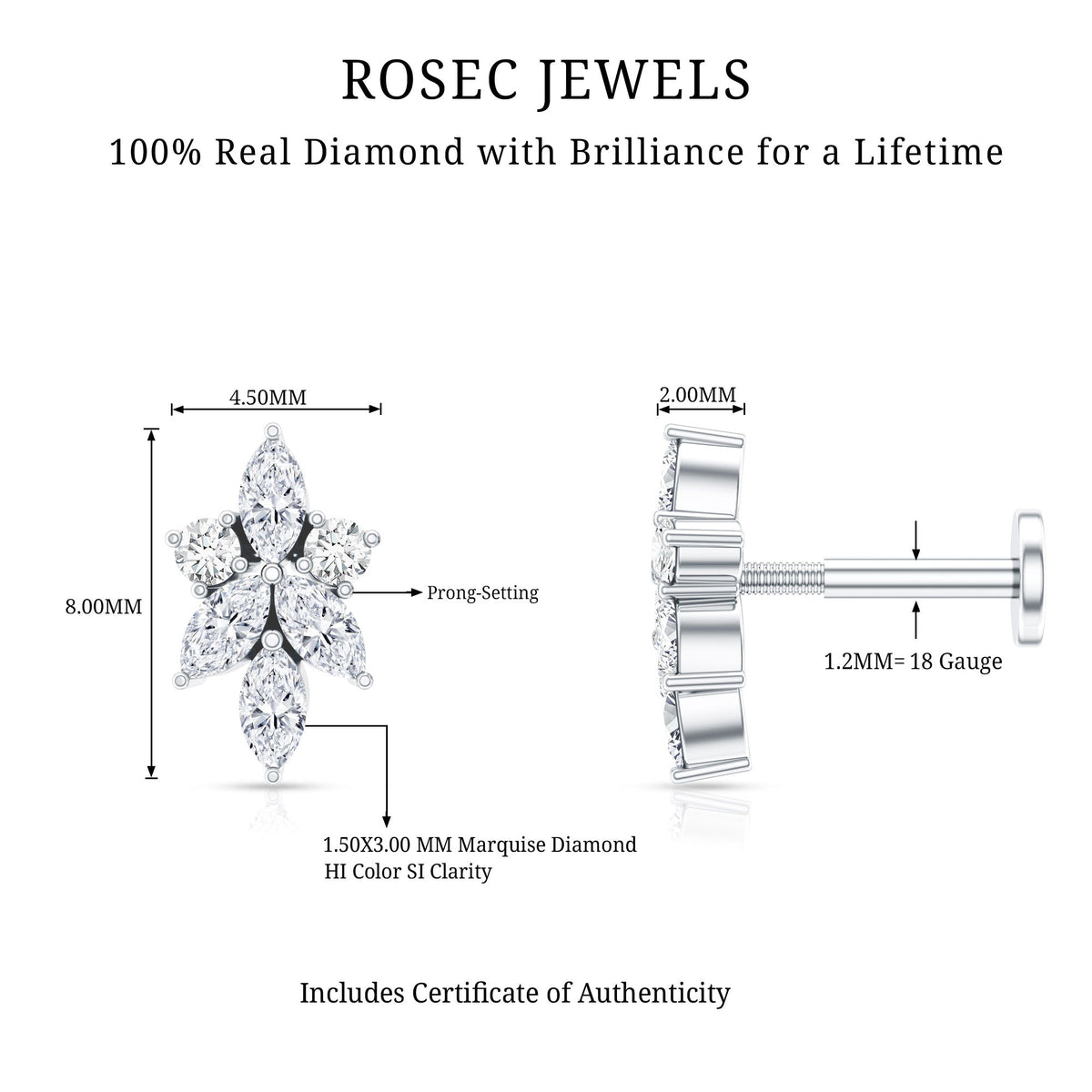 Marquise Diamond Cluster Flower Earring with Flat Back