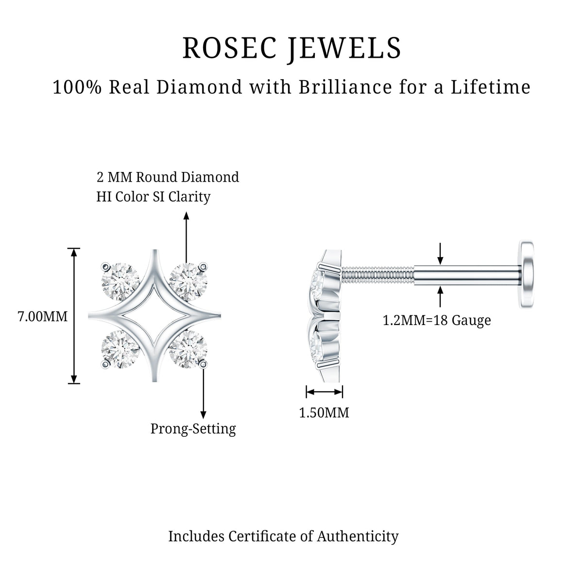 Round Cut Diamond Star Earring for Helix Piercing