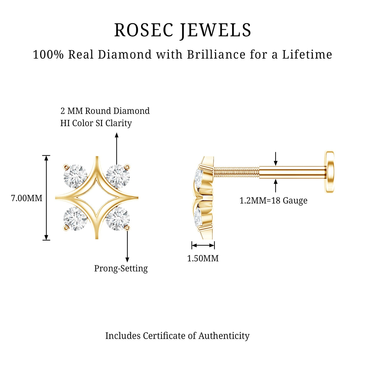 Round Cut Diamond Star Earring for Helix Piercing