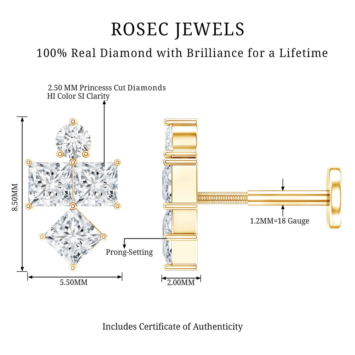 Princess Cut Diamond Helix Piercing Earring for Women