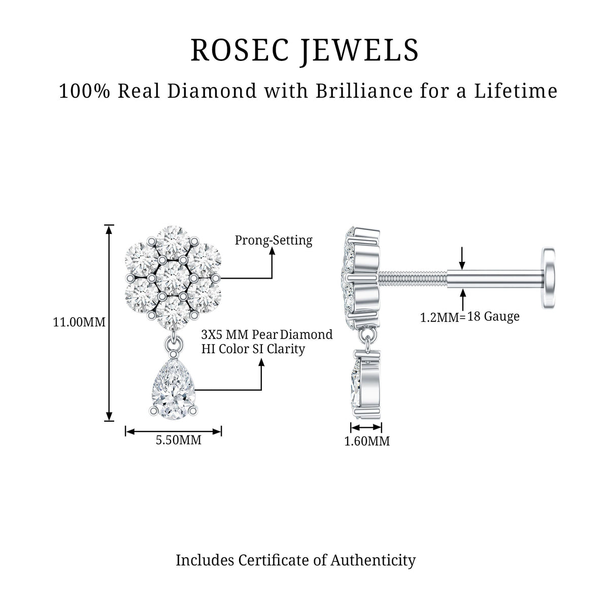 Elegant Diamond Flower Cartilage Drop Earring