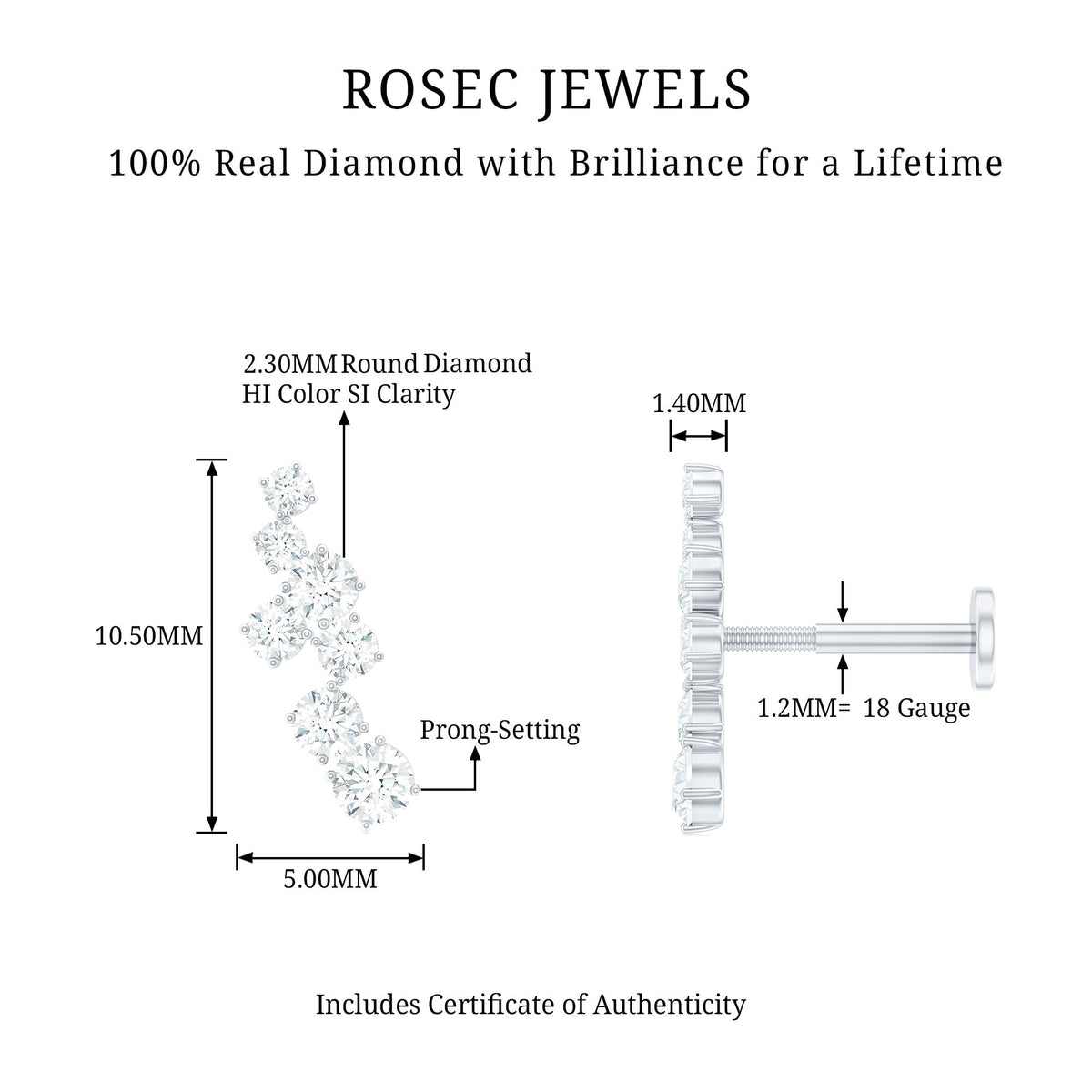 Simple Diamond Helix Piercing Earring with Flat Back